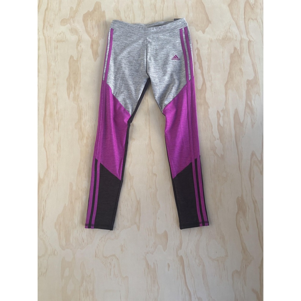 Adidas Leggings Girls 14 Purple Gray Colorblock Ankle Pants 3 Stripes AK4768